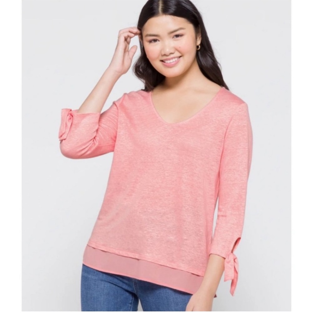 Sanctuary Sylvie linen blouse 3/4 tie sleeves peach coral pink